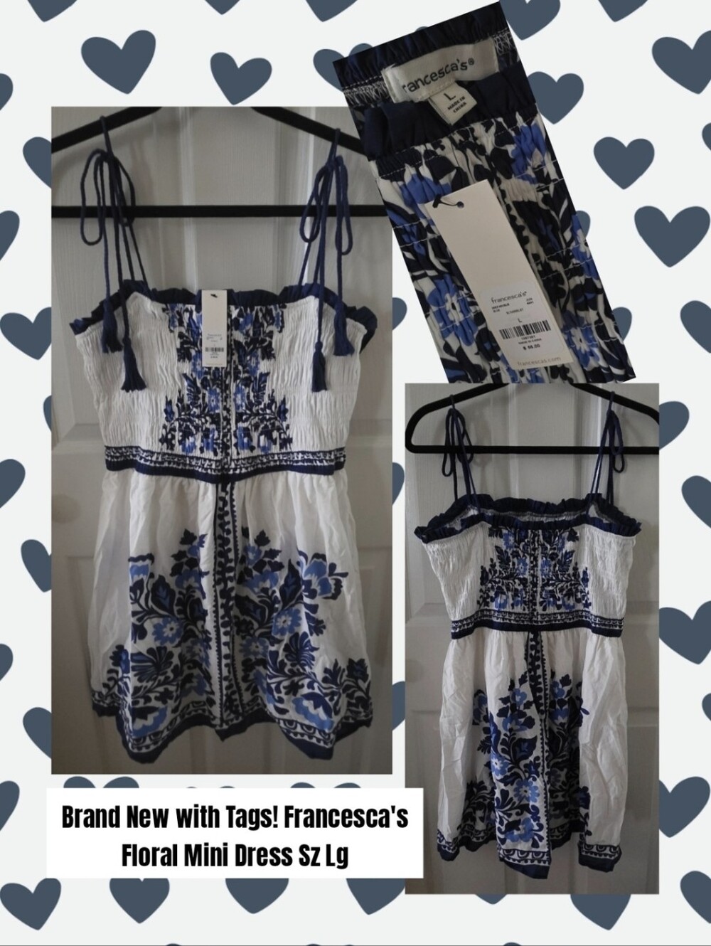 Francesca's Collections White & Blue Floral Smocked Mini Dress